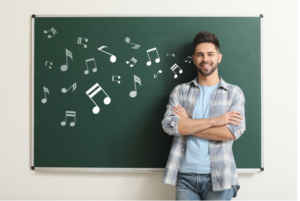 A guy standing in front of a school chalk board with music notes on it.