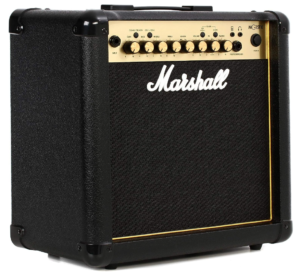 Marshall MG 15 GFX Black combo amp with gold faceplate.